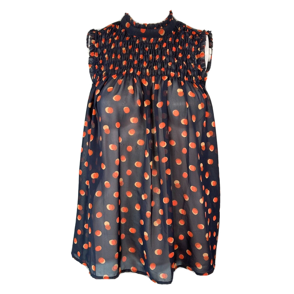 Maeve Blouse Womens Sz 2 Navy Beige Polkadot Chiffon‎ Smocked Sleeveless Flowy